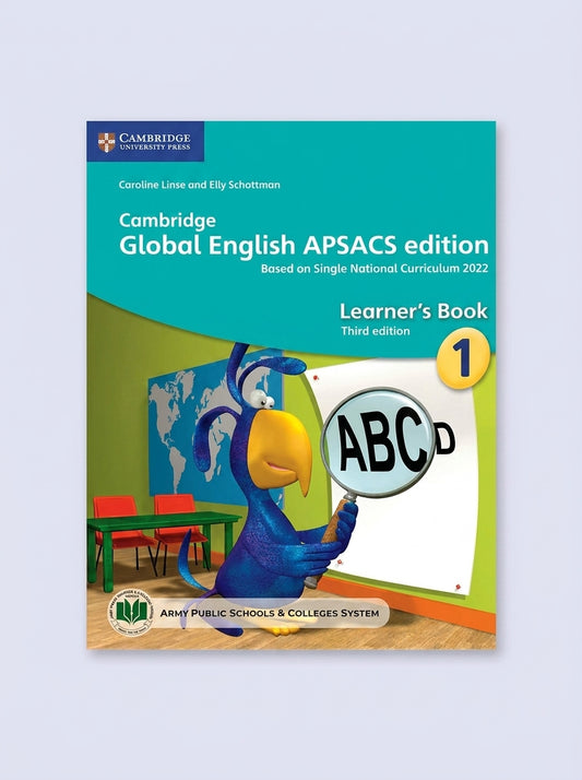 Cambridge Global English APSACS Learner's Book 1 Third Edition with blue character holding magnifying glass showing ABCD