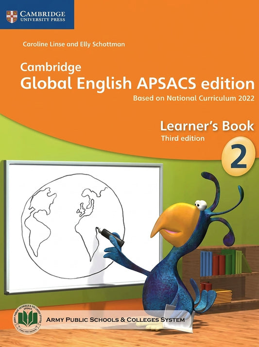 Cambridge Global English APSACS Stage 2 Learner's Book with orange cover, blue character drawing globe, green banner, stage 2 badge