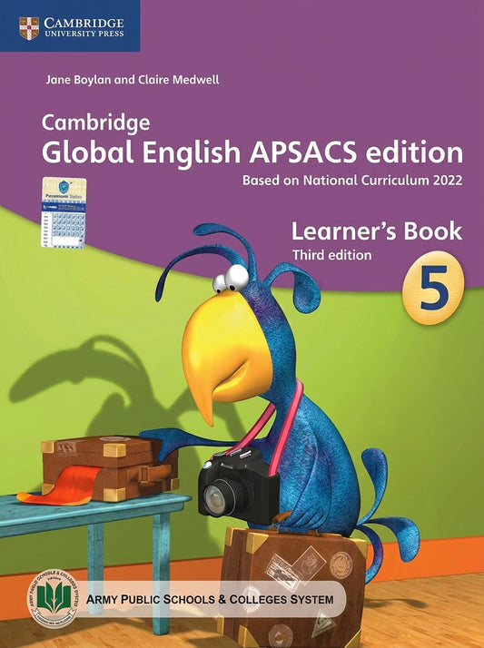 Cambridge Global English APSACS Stage 5 Learner's Book with blue character holding camera and suitcase on colorful background.
