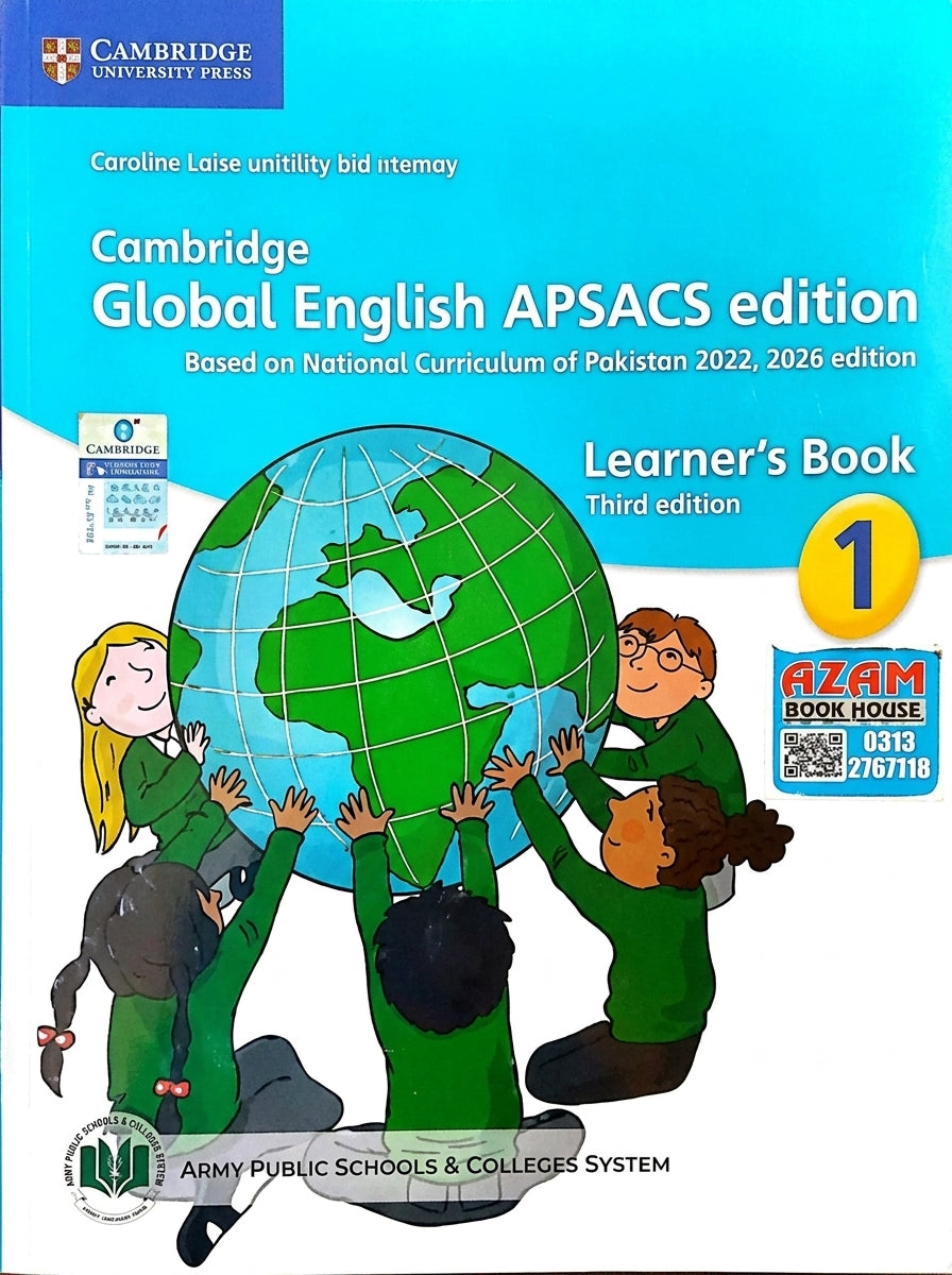 Cambridge Global English APSACS Learner's Book 1, third edition. Turquoise cover with globe and diverse children. Army Public Schools logo.