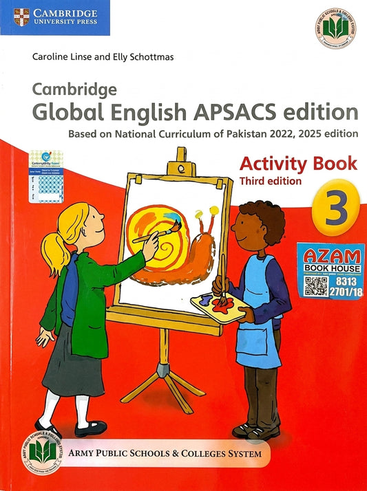 Cambridge Global English APSACS Activity Book 3, third edition, featuring two children painting a snail artwork on an easel, bright red cover with colorful illustrations.
