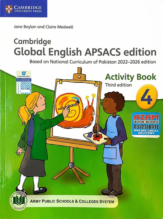 Cambridge Global English Activity Book 4, third edition, green cover with illustrations of children painting a snail artwork at an easel.
