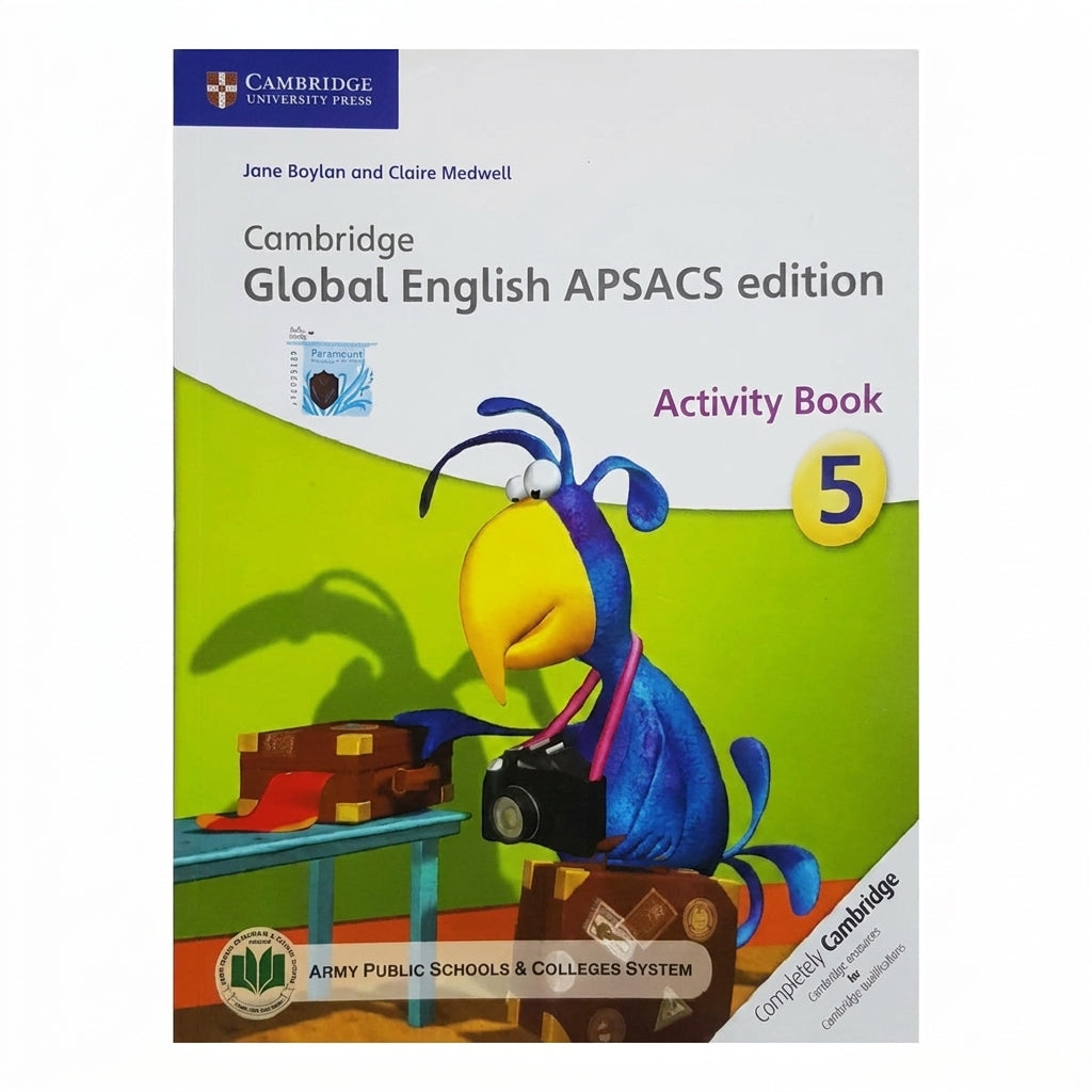 Cambridge Global English APSACS Edition Activity Book 5 cover featuring a blue parrot character with camera on lime green background