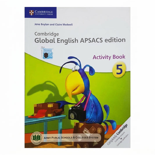 Cambridge Global English APSACS Edition Activity Book 5 cover featuring a blue parrot character with camera on lime green background