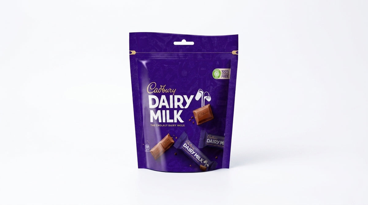 Cadbury Dairy Milk 114g doypack with purple packaging featuring chocolate pieces and individual wrapped chocolates