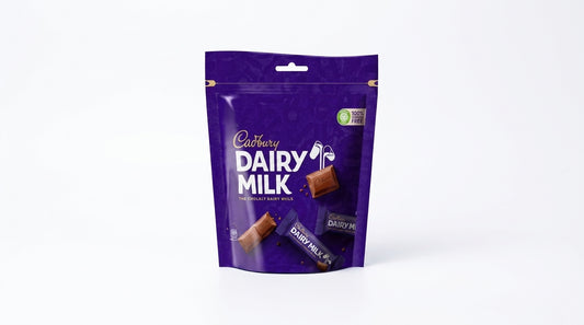 Cadbury Dairy Milk 114g doypack with purple packaging featuring chocolate pieces and individual wrapped chocolates