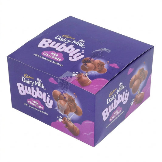 Cadbury Dairy Milk Bubbly milk chocolate with chocolate bubbles, 20g x 24 pack in purple and pink packaging