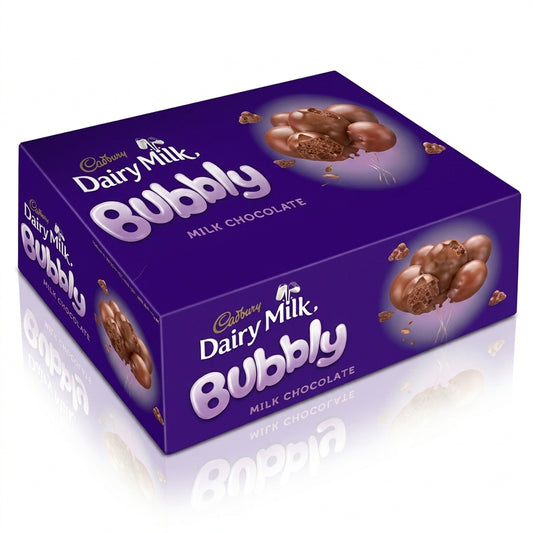 Cadbury Dairy Milk Bubbly Milk Chocolate 40g x 24 pack, purple box with bubbly chocolate spheres