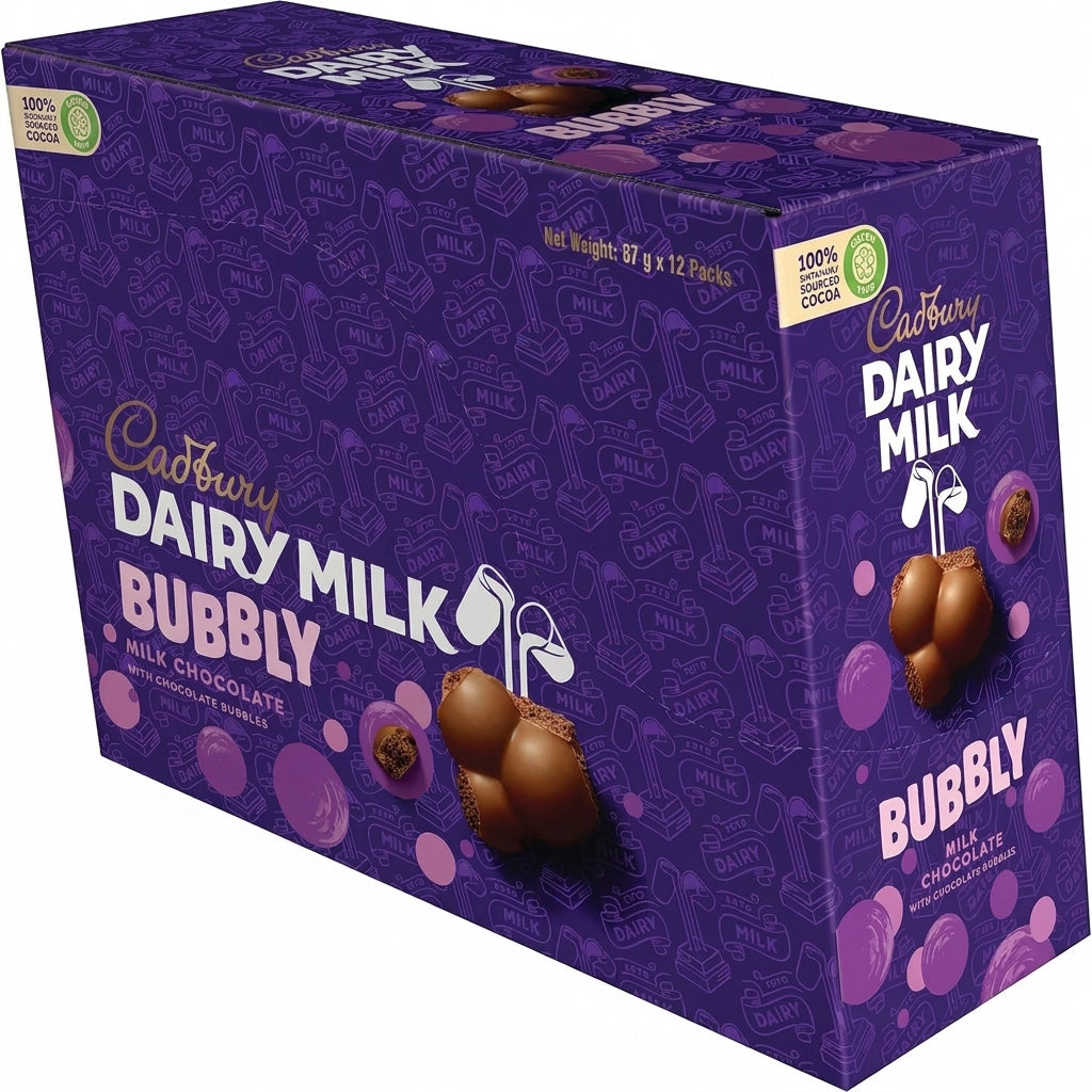 Cadbury Dairy Milk Bubbly 87g x 24 pack box, purple packaging with milk chocolate bubbles