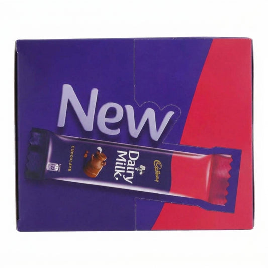 Cadbury Classic Dairy Milk 24-pack box with purple and red packaging, showing individual chocolate bar wrapper