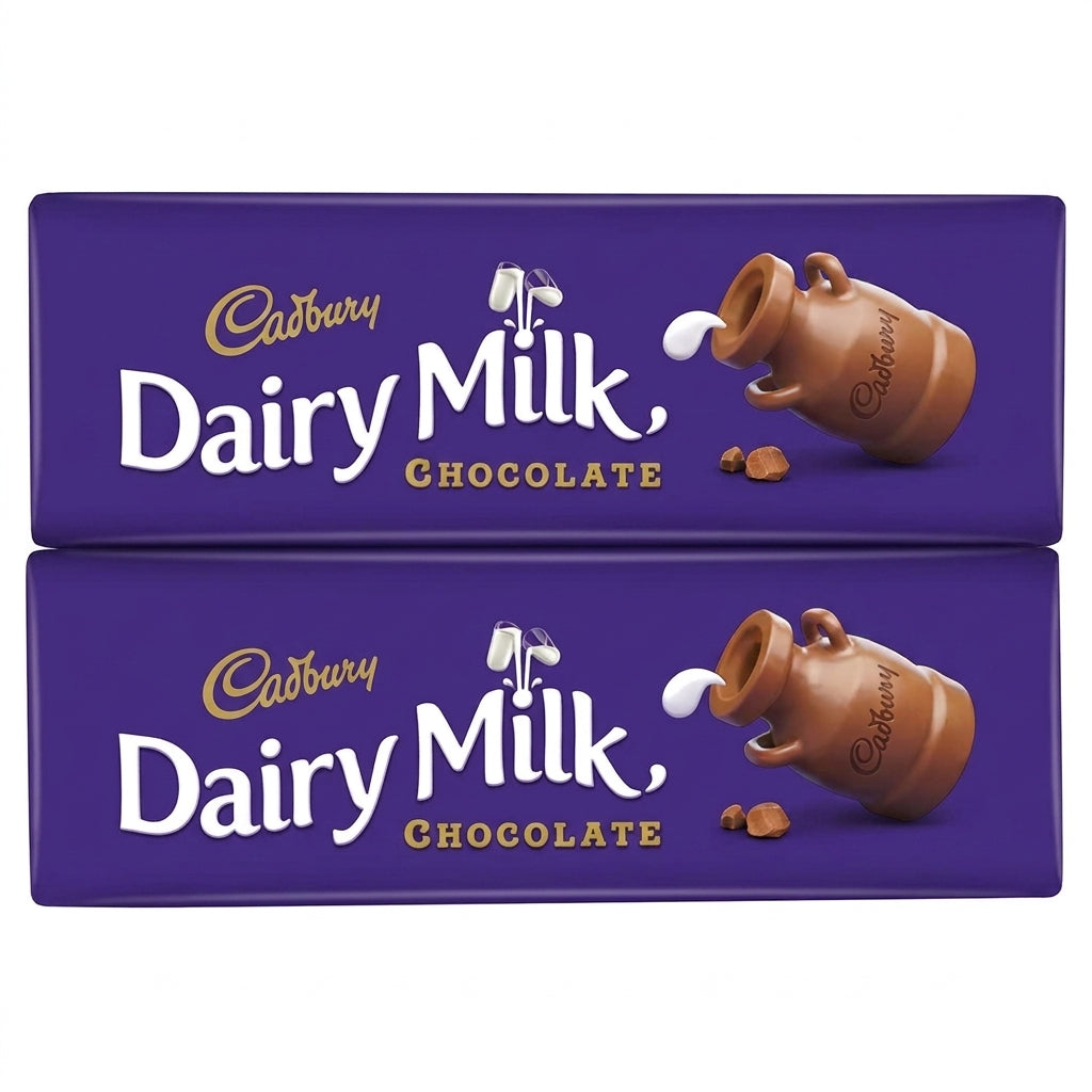 Two Cadbury Dairy Milk Chocolate bars with purple packaging and milk jug illustration