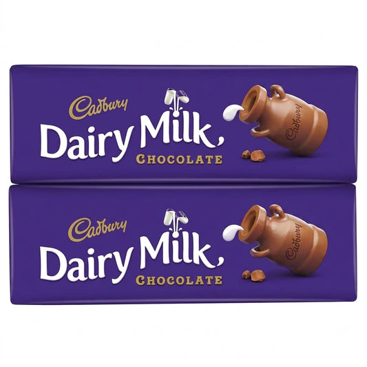 Two Cadbury Dairy Milk Chocolate bars with purple packaging and milk jug illustration