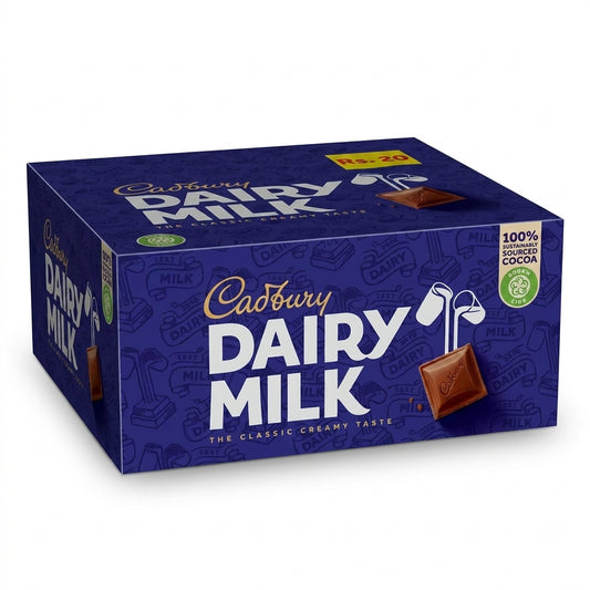 Cadbury Dairy Milk Classic 52g x 24 pack box with blue packaging and milk bottle logo