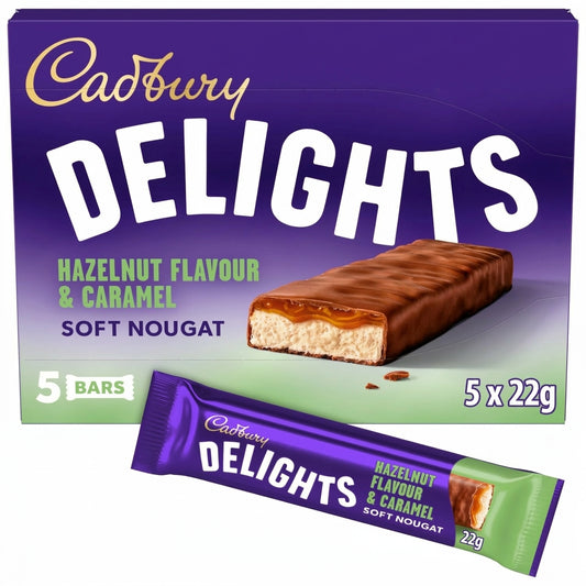 Cadbury Delights Hazelnut & Caramel Soft Nougat 5 bars 22g box and individual wrapper
