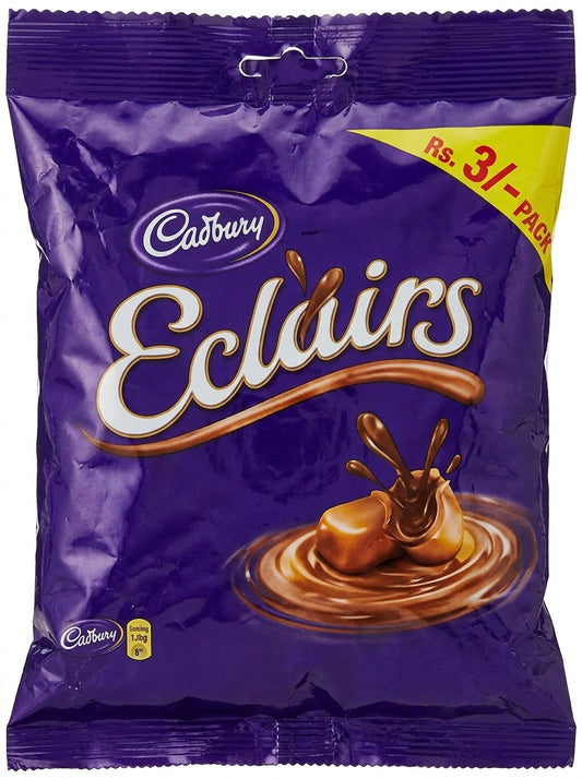 Cadbury Eclairs chocolate candy pack with 31 pieces, purple packaging with chocolate splash imagery