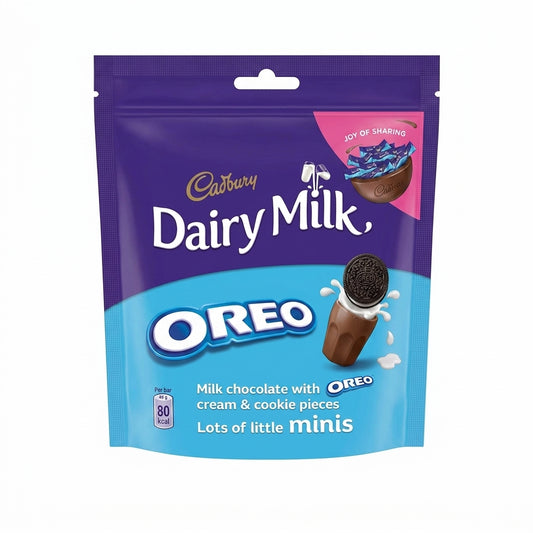 Cadbury Dairy Milk Oreo 174g doy bag with purple and blue packaging showing chocolate minis with cream and cookie pieces