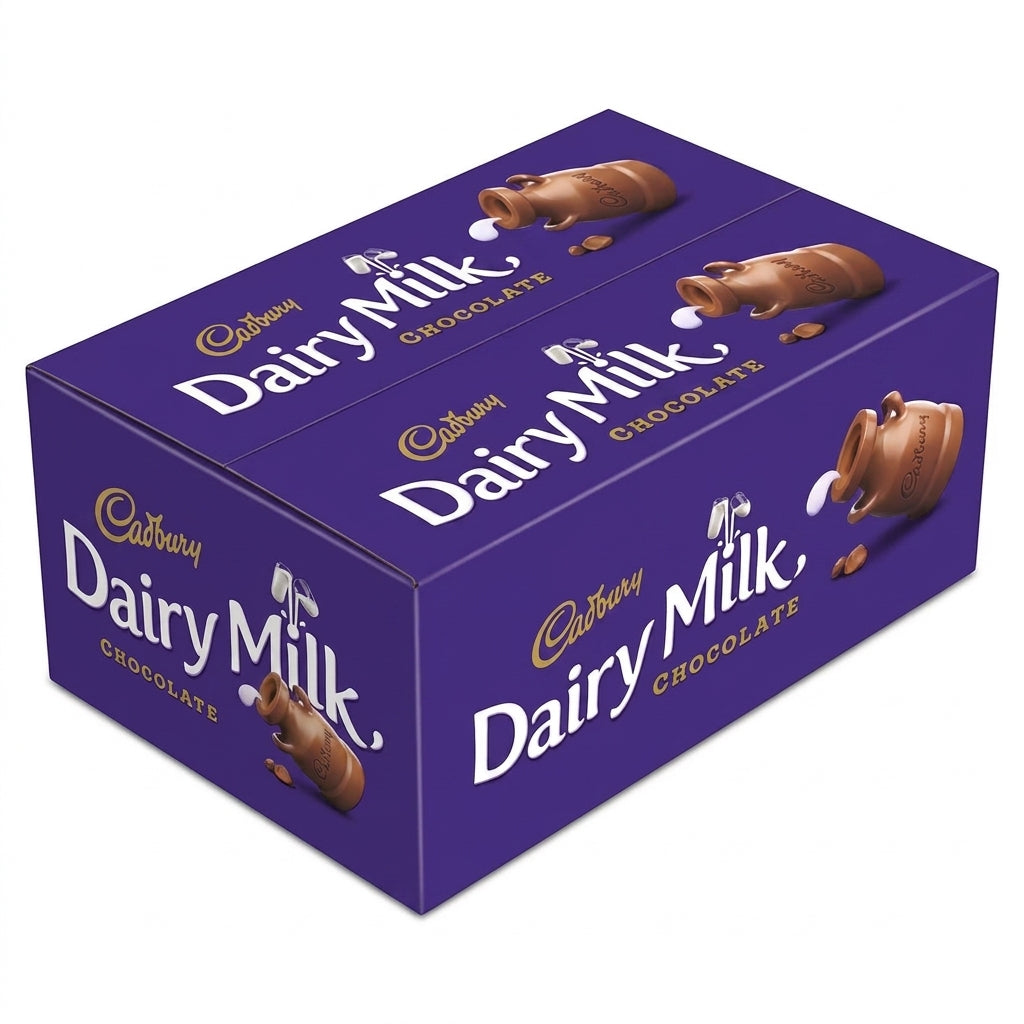 Cadbury Dairy Milk Chocolate 24-pack box with individual 38g milk chocolate bars in purple packaging