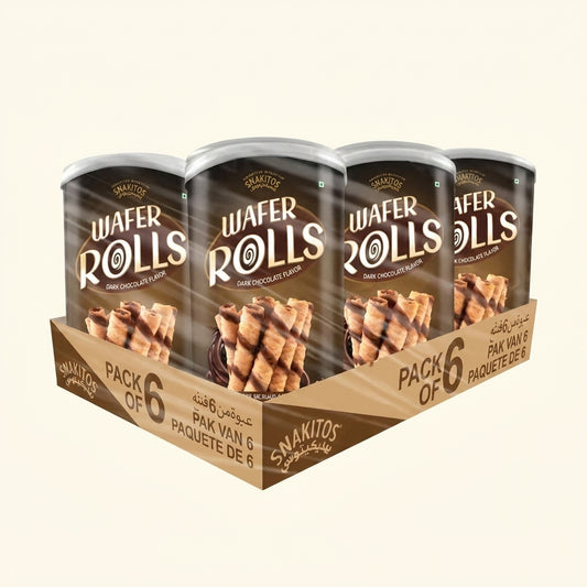 Snakitos Wafer Rolls Dark Chocolate Flavor, Pack of 6 cans displayed in kraft cardboard carrier box