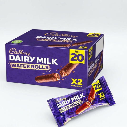 Cadbury Dairy Milk Wafer Rolls 34g x24 pack box with individual purple wrapped wafer roll showing product