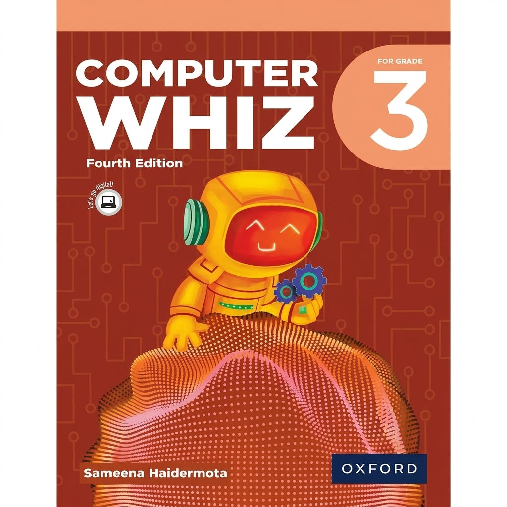 Computer Whiz Grade 3 Fourth Edition textbook cover featuring yellow robot with red face and gears on orange planet background