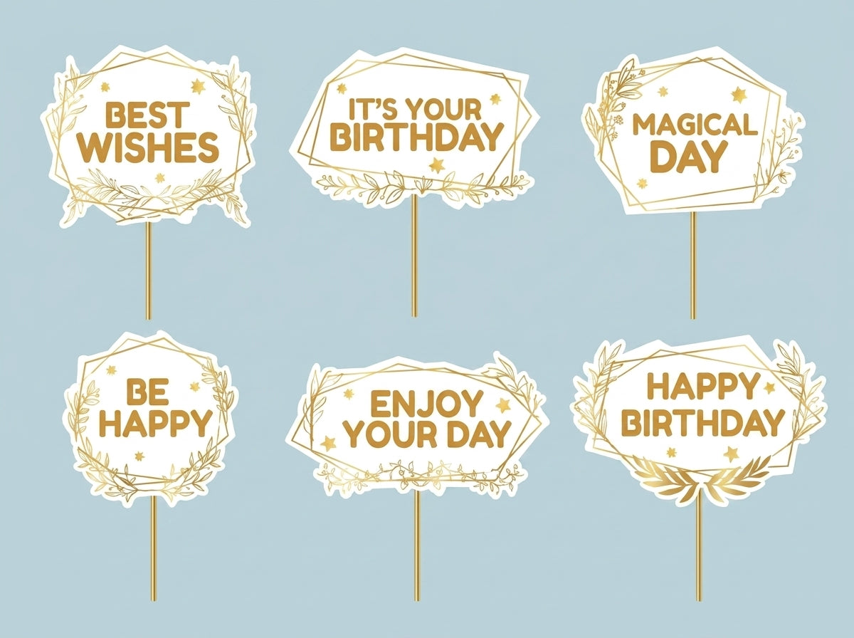Six gold foil birthday cake toppers on sticks with various messages including Best Wishes, Happy Birthday, and Magical Day