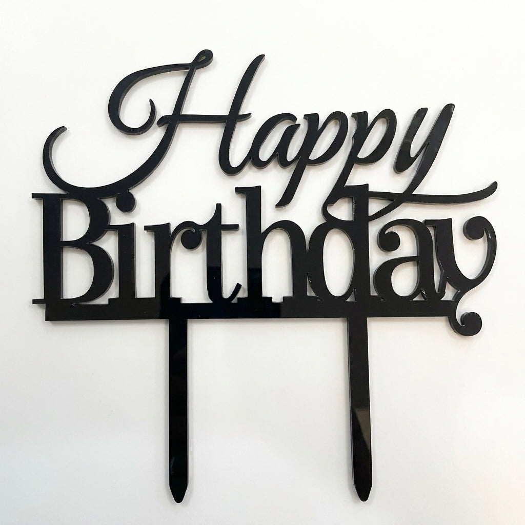 Black acrylic Happy Birthday cake topper with decorative script font and two prongs