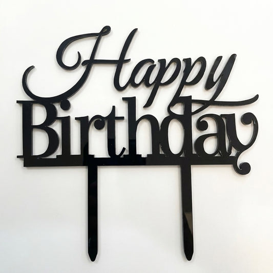 Black acrylic Happy Birthday cake topper with decorative script font and two prongs