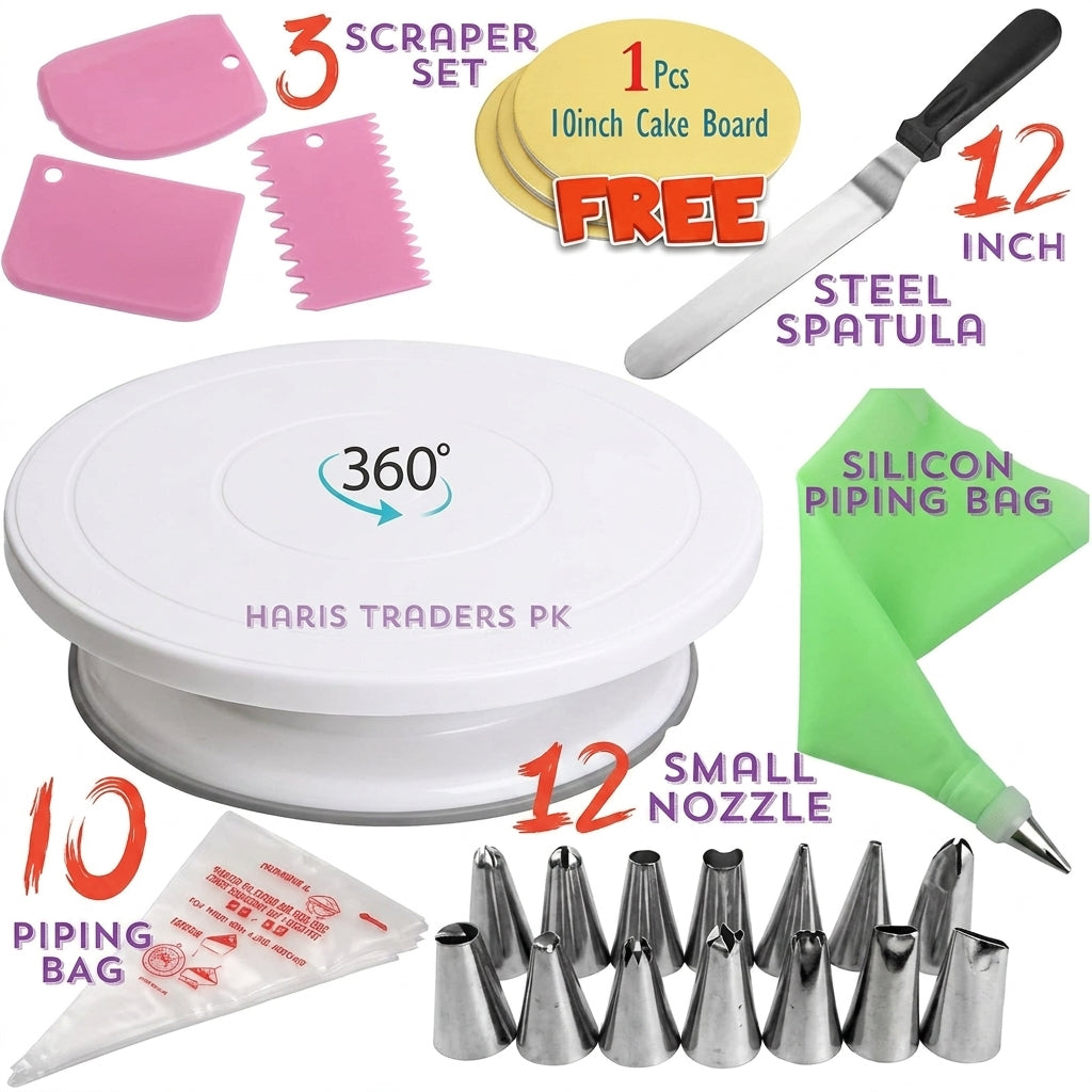 Cake decorating set with rotating turntable, steel spatula, pink scrapers, piping bags, and 12 metal nozzles