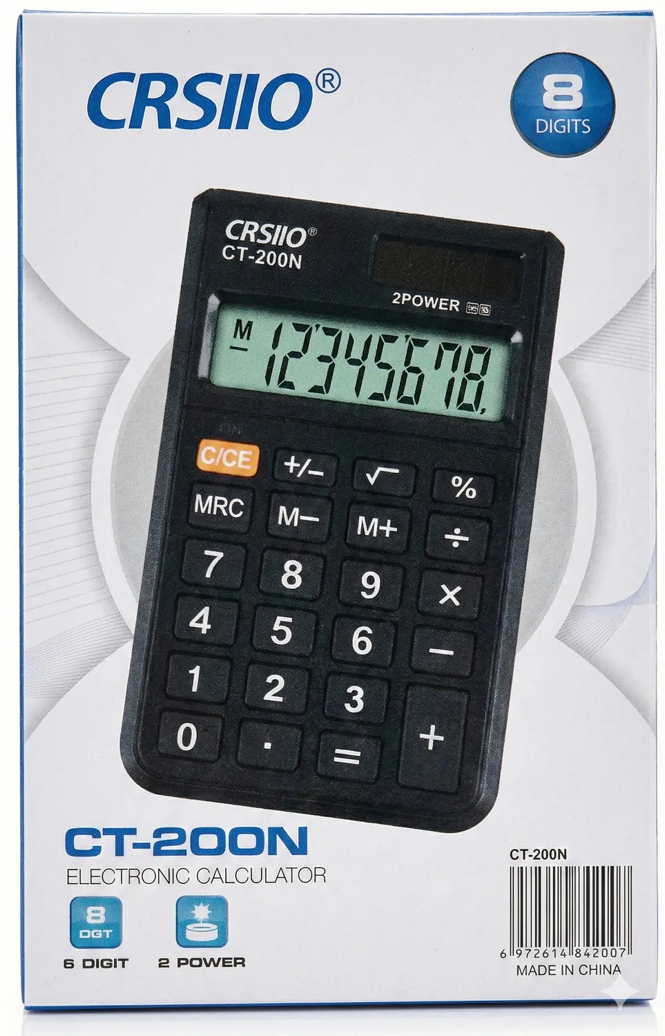 CASIO CT-200N black pocket calculator with 8-digit LCD display, showing number pad, memory functions, and dual power icons on packaging