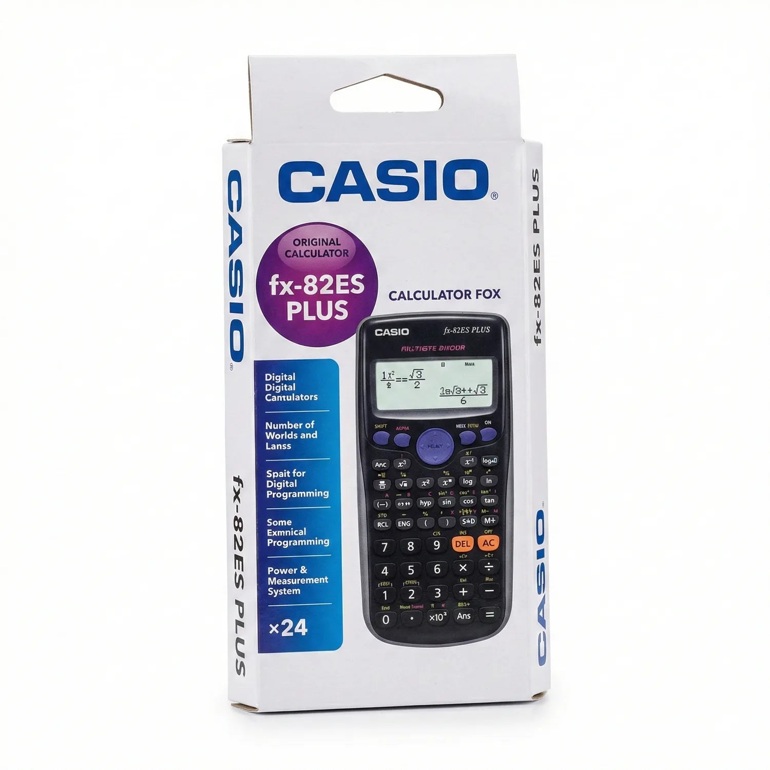 Casio fx-82ES Plus Original Calculator Fox in packaging with black scientific calculator displaying mathematical equations on screen