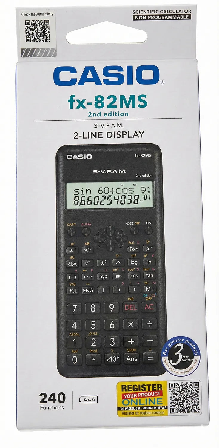 Casio fx-82MS 2nd Edition black scientific calculator with 2-line display showing mathematical functions on packaging