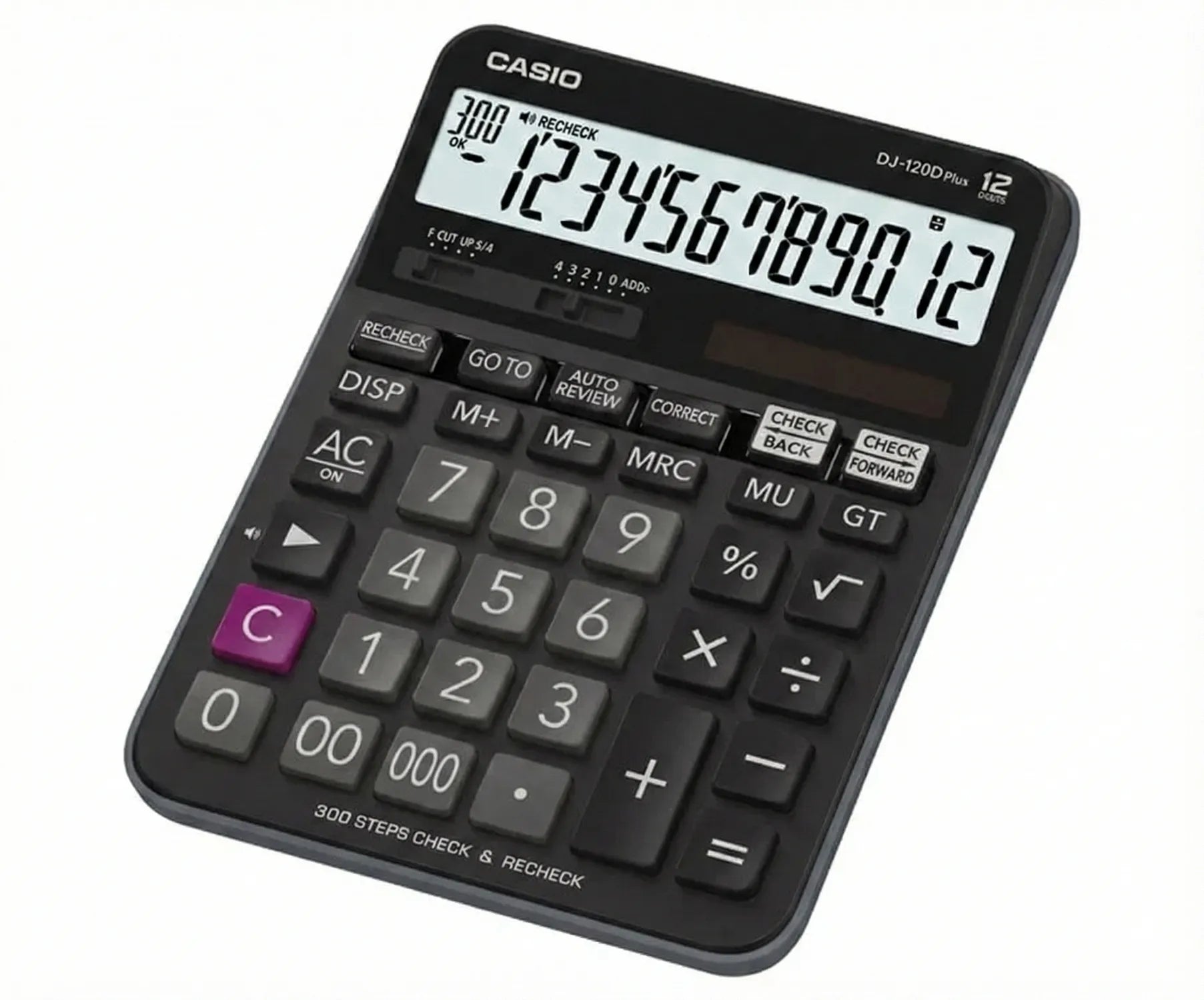 Casio DJ-120D Plus black desktop calculator showing 12-digit LCD display with number pad, function buttons, and check/recheck capabilities