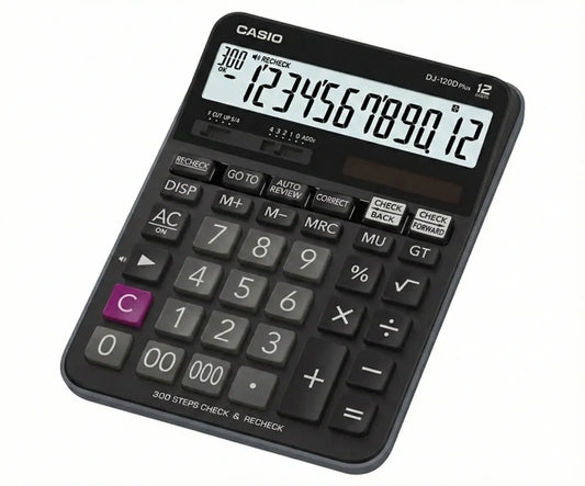 Casio DJ-120D Plus black desktop calculator showing 12-digit LCD display with number pad, function buttons, and check/recheck capabilities