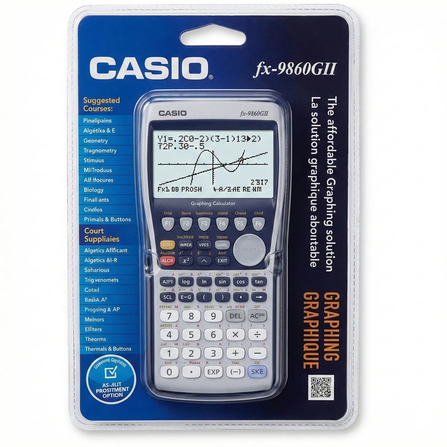 Casio fx-9860GII graphing calculator with LCD display showing equations and graphs, full button keypad, packaged in retail box