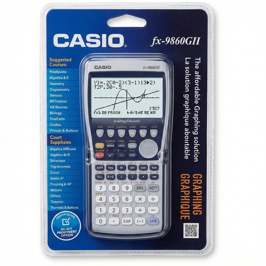 Casio fx-9860GII graphing calculator with LCD display showing equations and graphs, full button keypad, packaged in retail box