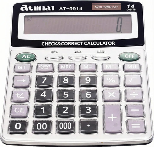 Atmei AT-9914 Check & Correct Calculator featuring 14-digit LCD display, numeric keypad, function buttons including AC, OFF, GT, MRC, and standard operation keys