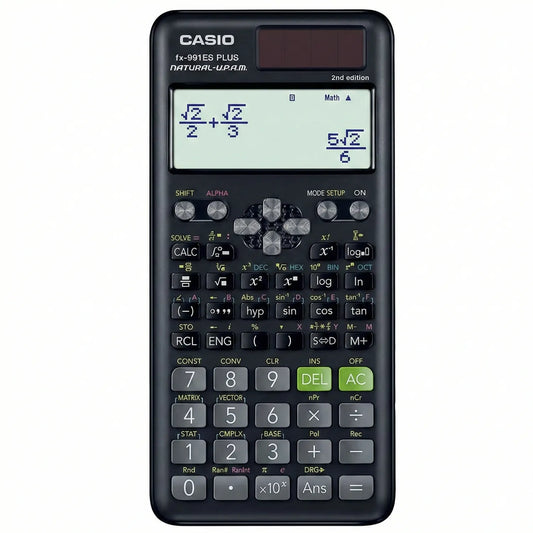 Casio fx-991ES Plus 2nd edition black scientific calculator with natural display showing mathematical equation on screen and full button layout visible