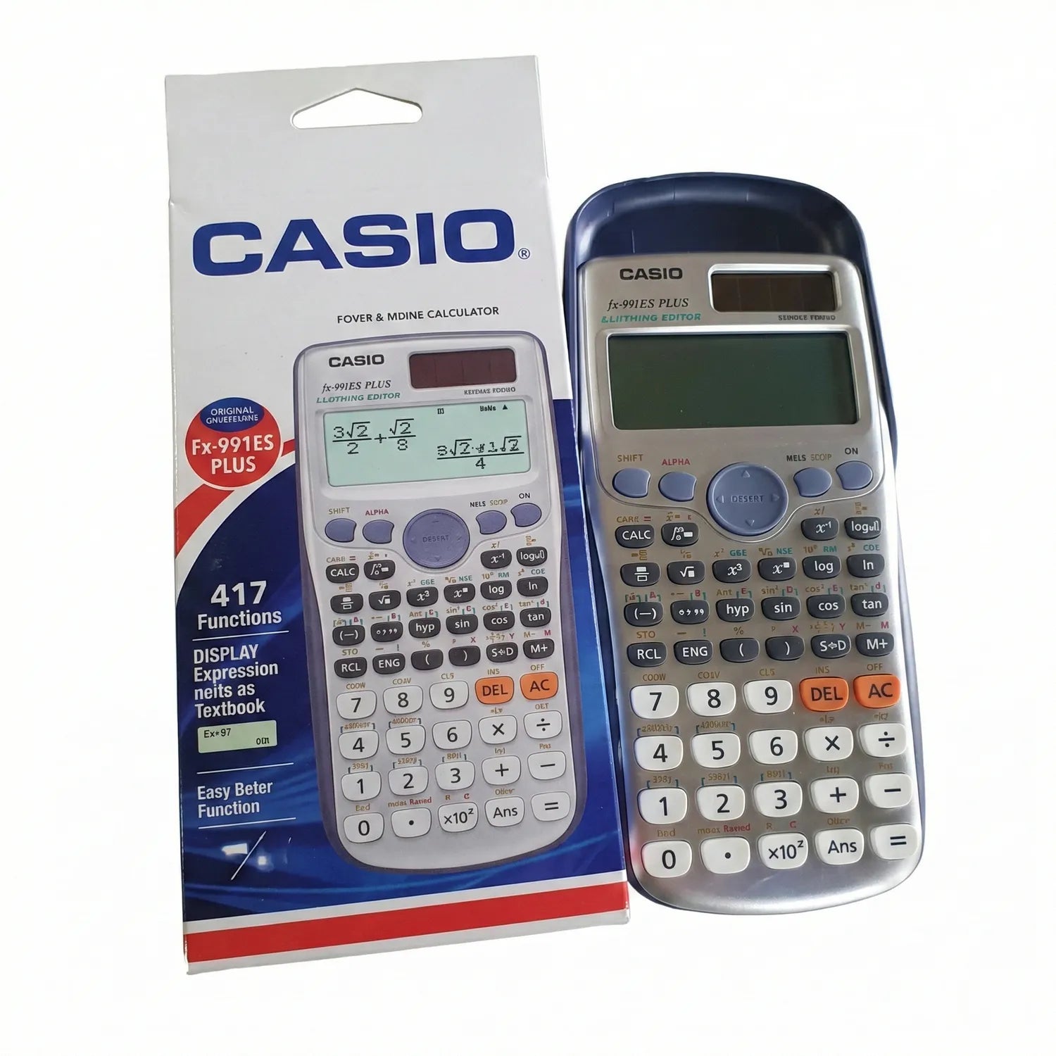 Casio fx-991ES PLUS scientific calculator with packaging showing dual display, numeric keypad, and 417 functions on box