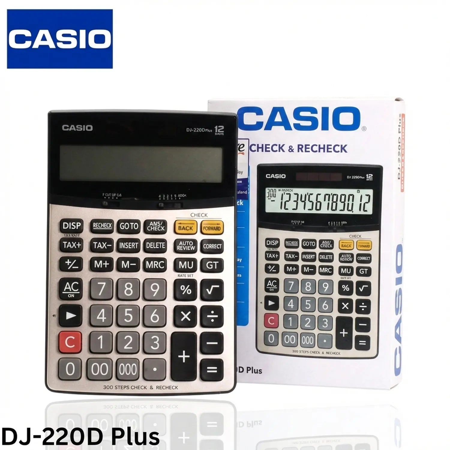 Casio DJ-220D Plus calculator with 12-digit display, white and black design, shown with original packaging and product box