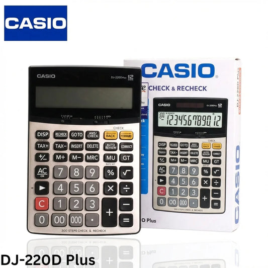Casio DJ-220D Plus calculator with 12-digit display, white and black design, shown with original packaging and product box