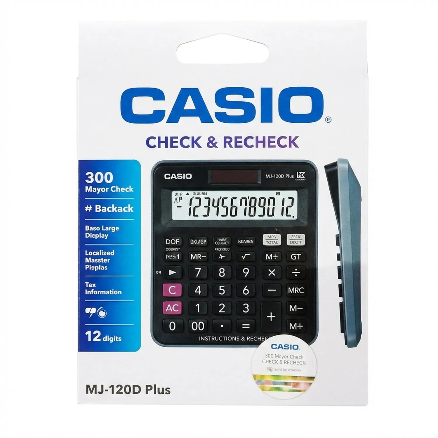 Casio MJ-120D Plus black desktop calculator with 12-digit display, Check & Recheck packaging, showing calculator unit and instruction manual CD