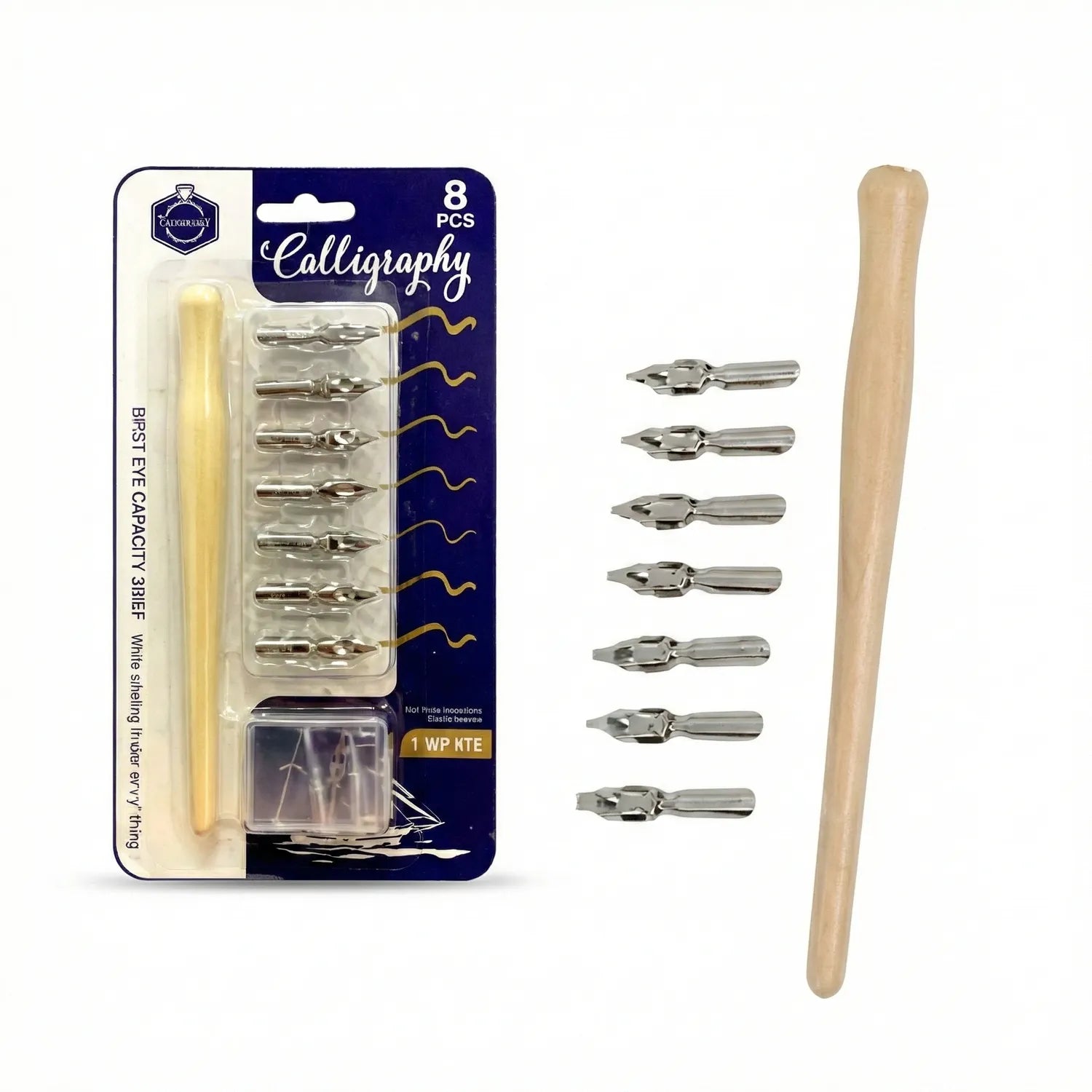 Calligraphy Holder Set packaging with 8 metal nib points, wooden handle, and ink bottle included