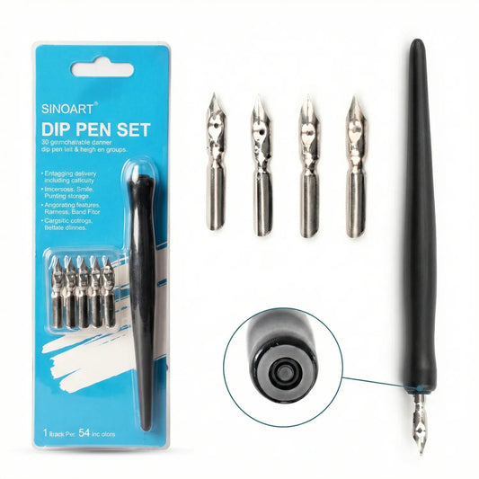 Sinoart Dip Pen Set showing black handle, 4 assembled metal nib pens, product packaging, and close-up detail of nib tip design.