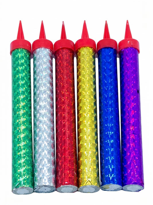 Six Candle Anar glitter gel pens with red caps in green, silver, red, yellow, blue, and purple glitter colors