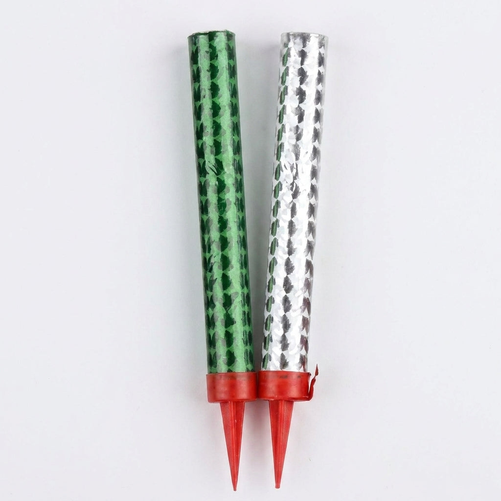 Candle Anar Set 2pc with green leaf-patterned candle and white leaf-patterned candle on red base holder