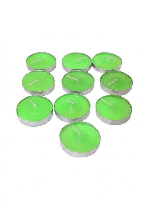 10 green flat tea light candles with silver metal cups arranged in pyramid formation
