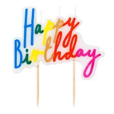 Colorful Happy Birthday cake topper with multi-colored letter candles on wooden picks
