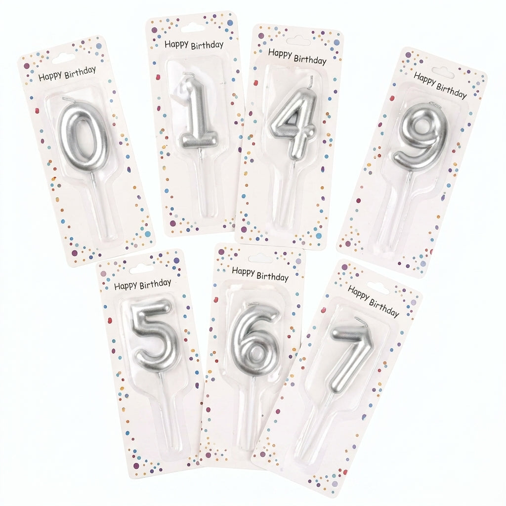 Set of 7 silver metallic number candles (0, 1, 4, 5, 6, 7, 9) on "Happy Birthday" themed packaging with confetti dots