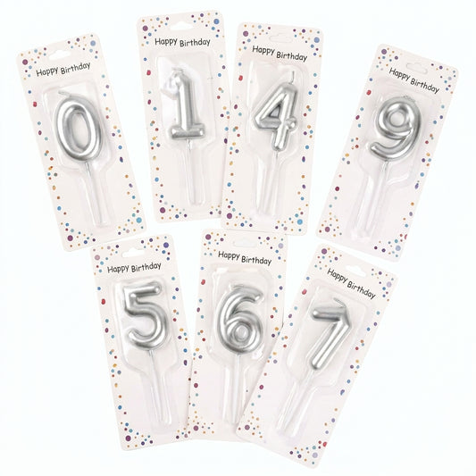 Set of 7 silver metallic number candles (0, 1, 4, 5, 6, 7, 9) on "Happy Birthday" themed packaging with confetti dots
