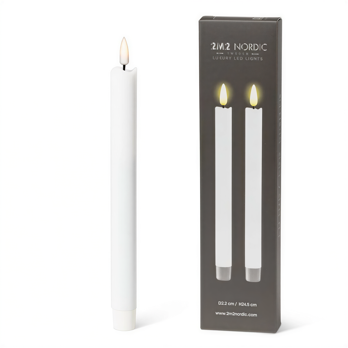 2M2 Nordic luxury LED candles set with 2 white pillar candles showing realistic flame effect
